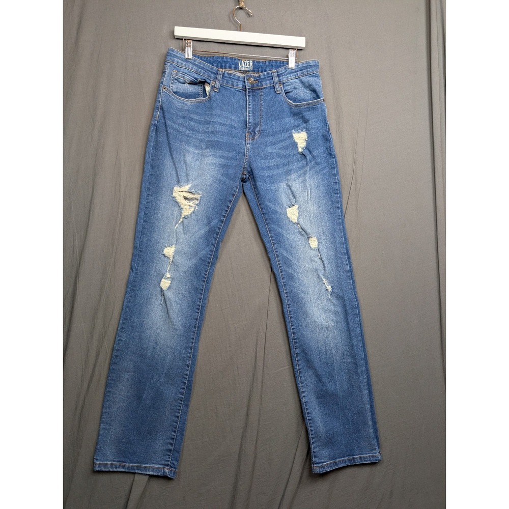 Lazer Men's Straight Fit Jeans Blue Distressed Denim Size 33 X 32